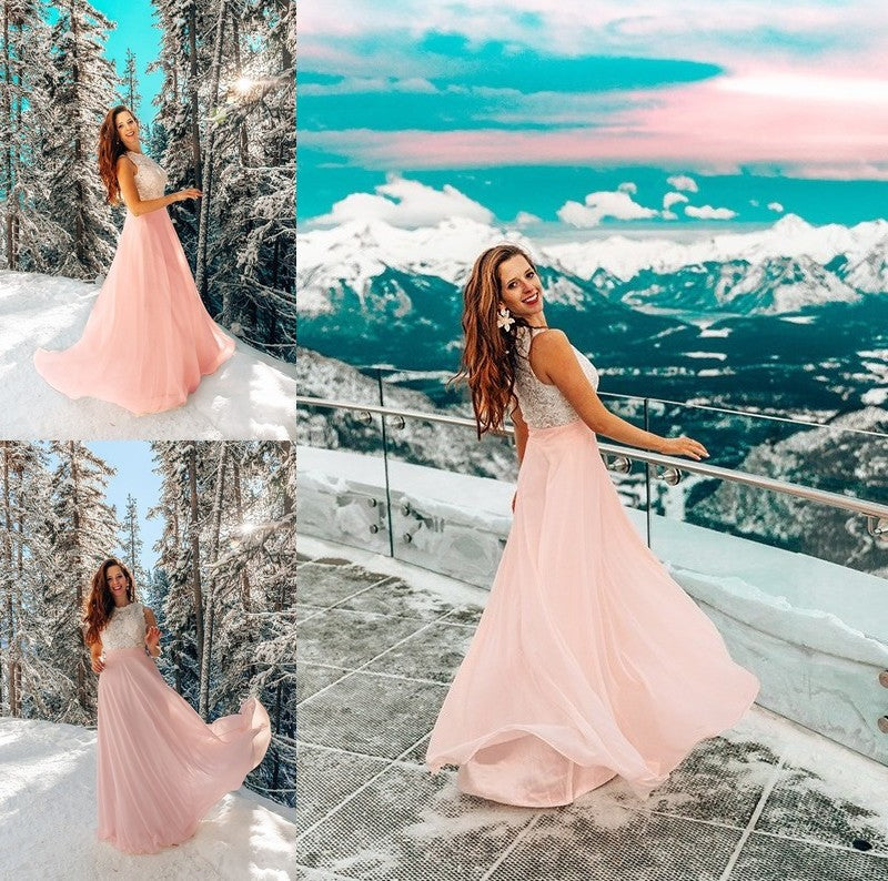 A-Line/Princess Chiffon Lace Jewel Sleeveless Floor-Length Dresses DFP0004355