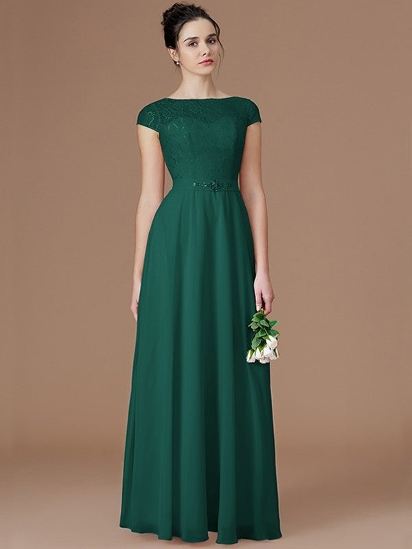 A-Line/Princess Bateau Sleeveless Lace Floor-Length Chiffon Bridesmaid Dresses DFP0005198