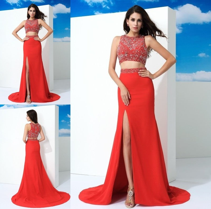 Sheath/Column Scoop Beading Sleeveless Long Chiffon Two Piece Dresses DFP0002940