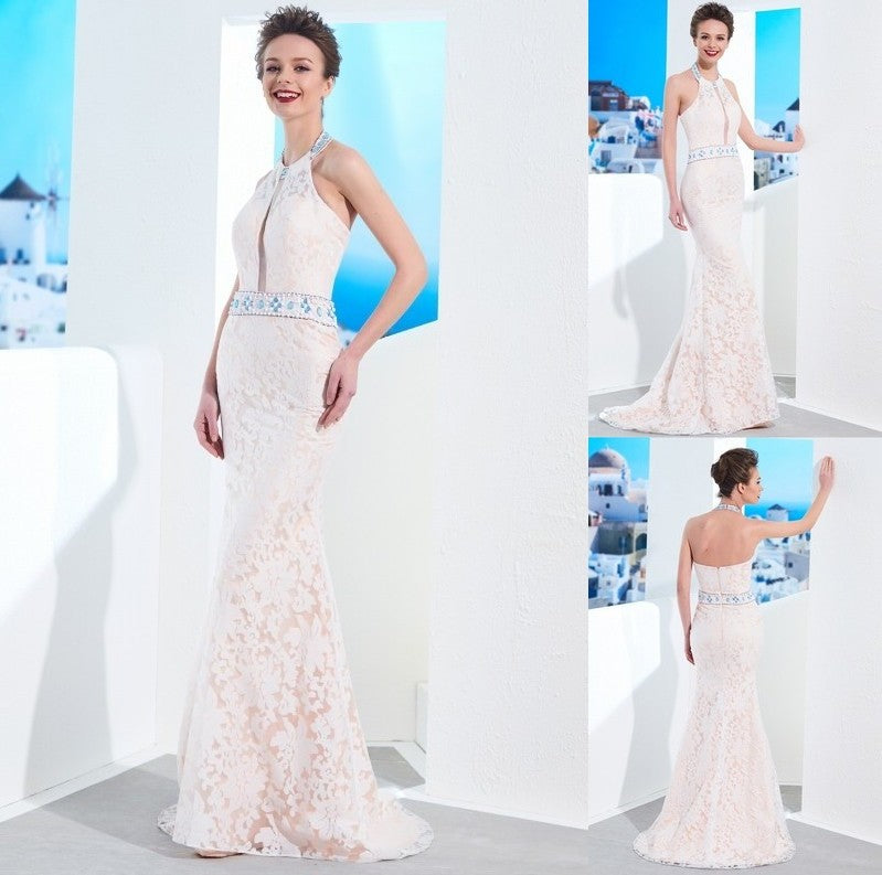 Sheath/Column Halter Sleeveless Floor-Length Lace Satin Dresses DFP0004150