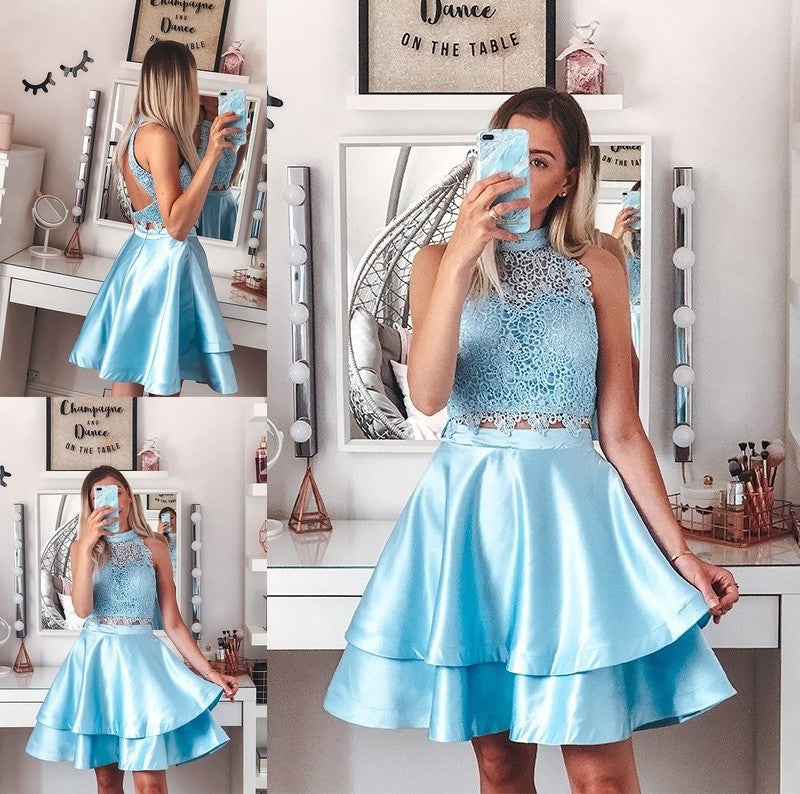 A-Line/Princess Satin Lace Sleeveless Halter Short/Mini Two Piece Homecoming Dresses DFP0004654