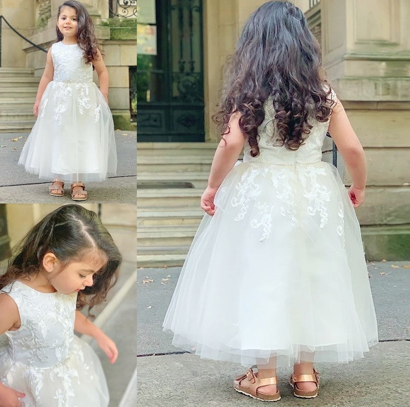 A-Line/Princess Tulle Lace Scoop Sleeveless Ankle-Length Flower Girl Dresses DFP0007499