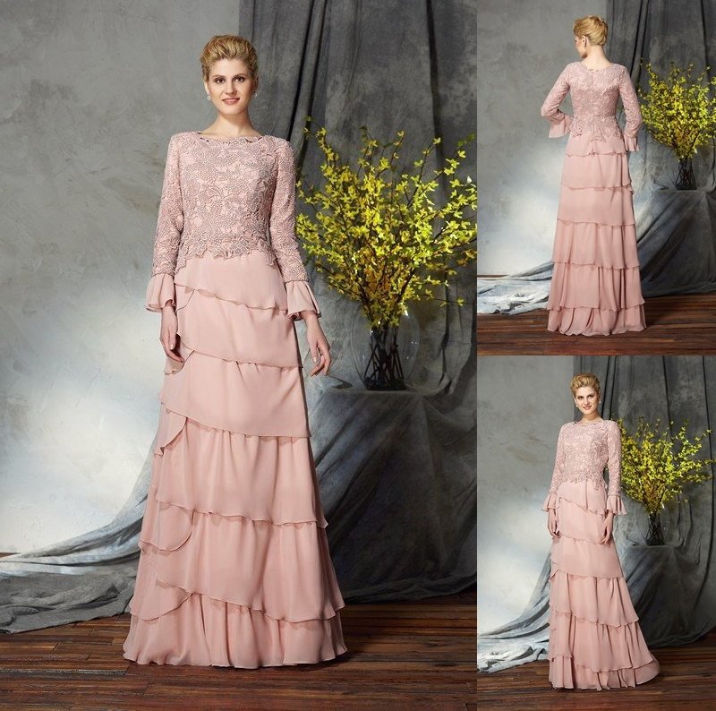 Sheath/Column Scoop Ruffles Long Sleeves Long Chiffon Mother of the Bride Dresses DFP0007282