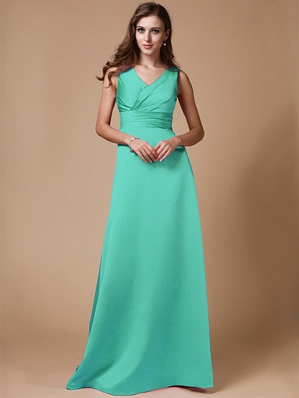 A-Line/Princess V-neck Long Sleeveless Elastic Woven Satin Bridesmaid Dresses DFP0005409