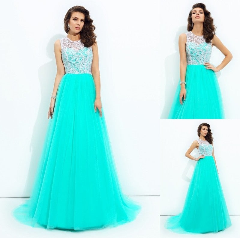 A-line/Princess Scoop Lace Sleeveless Long Net Dresses DFP0002683