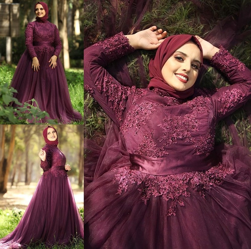 Ball Gown High Neck Tulle Applique Long Sleeves Sweep/Brush Train Muslim Dresses DFP0004669