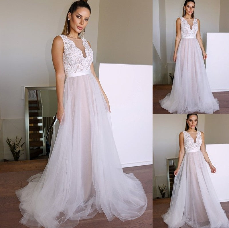 A-Line/Princess Tulle Lace Scoop Sleeveless Sweep/Brush Train Wedding Dresses DFP0006028