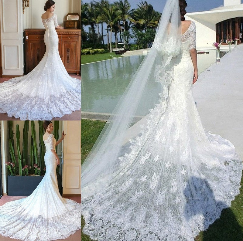 Trumpet/Mermaid 1/2 Sleeves Square Cathedral Train Applique Lace Wedding Dresses DFP0006540