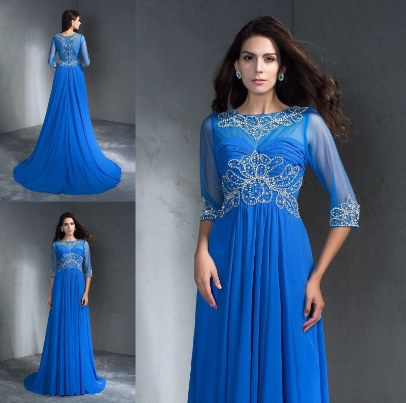 A-Line/Princess Scoop Beading 1/2 Sleeves Long Chiffon Dresses DFP0003053