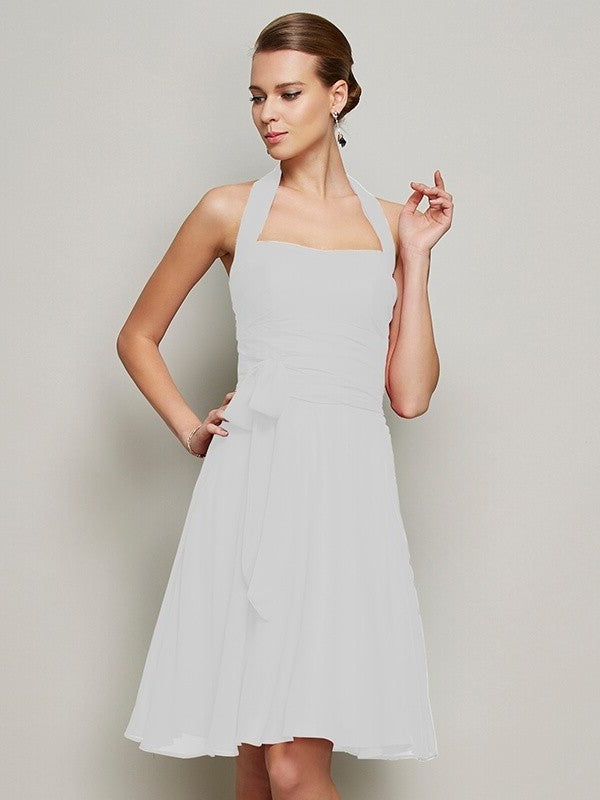 A-Line/Princess Halter Sleeveless Pleats Bowknot Short Chiffon Bridesmaid Dresses DFP0005094