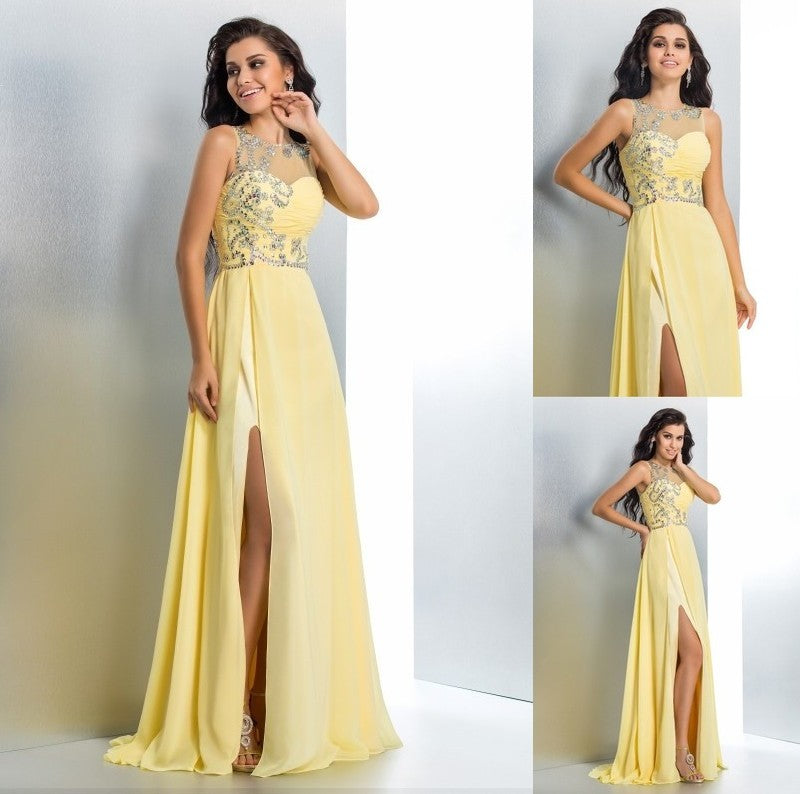 A-Line/Princess Sheer Neck Beading Sleeveless Long Chiffon Dresses DFP0002378