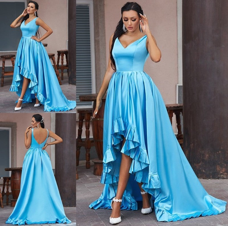 A-Line/Princess Satin Ruffles V-neck Sleeveless Asymmetrical Dresses DFP0001559