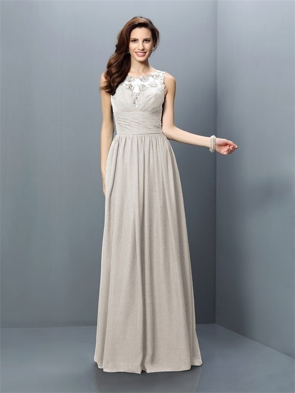 A-Line/Princess Bateau Pleats Sleeveless Long Chiffon Bridesmaid Dresses DFP0005451