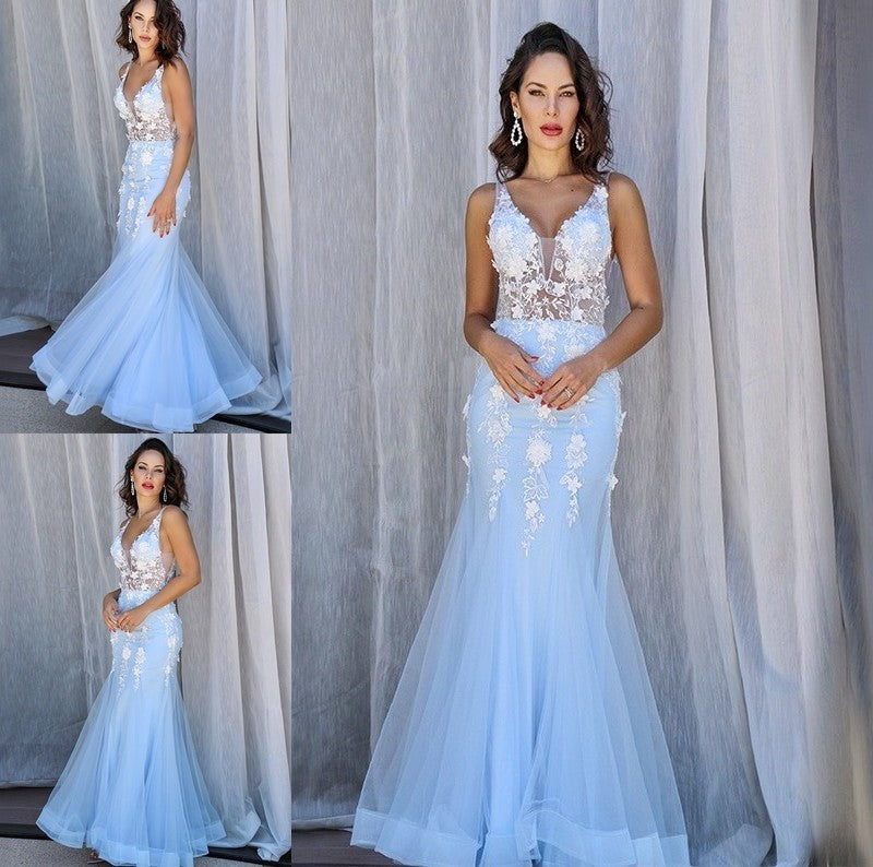 Trumpet/Mermaid Tulle V-neck Sleeveless Applique Floor-Length Dresses DFP0001554