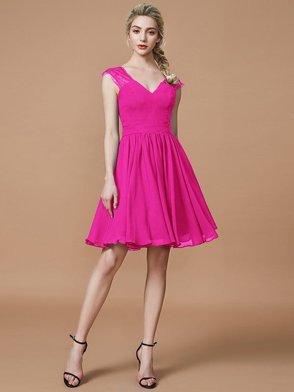 A-Line/Princess V-neck Chiffon Knee-Length Bridesmaid Dresses DFP0005411