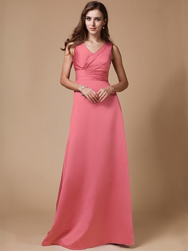 A-Line/Princess V-neck Long Sleeveless Elastic Woven Satin Bridesmaid Dresses DFP0005409