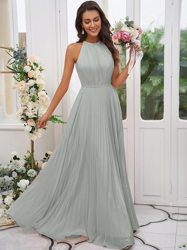 A-Line/Princess Chiffon Ruffles Halter Sleeveless Floor-Length Bridesmaid Dresses DFP0004922