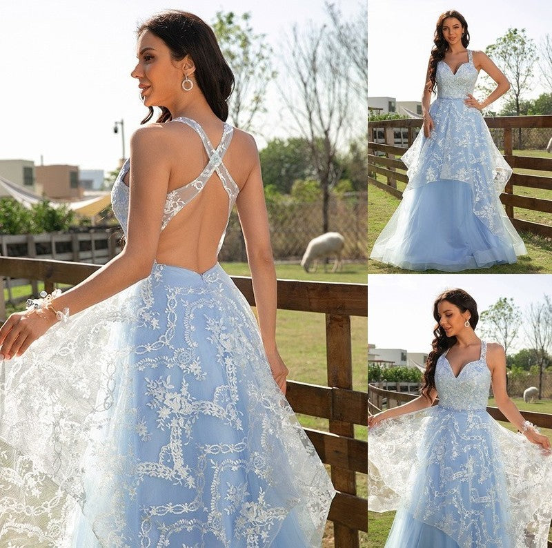 A-Line/Princess Tulle Lace V-neck Sleeveless Floor-Length Dresses DFP0001538