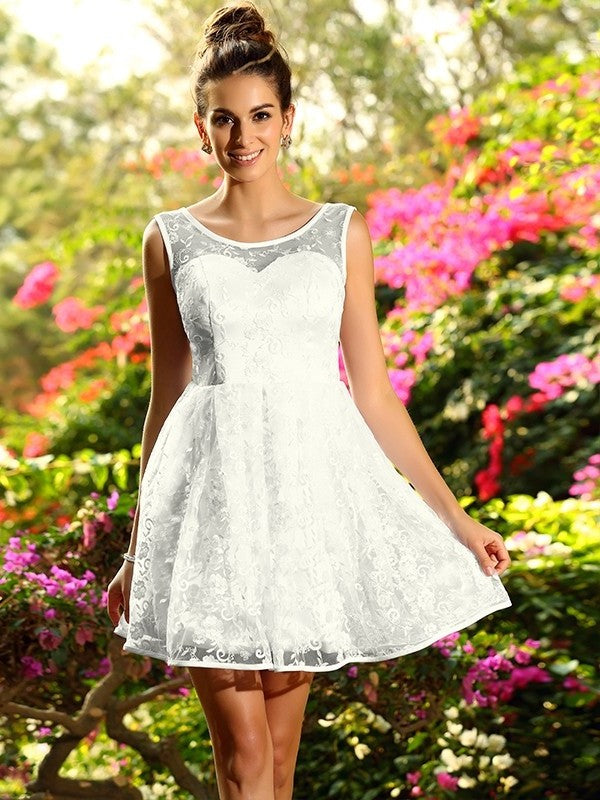A-Line/Princess Bateau Sleeveless Short Lace Bridesmaid Dresses DFP0005581