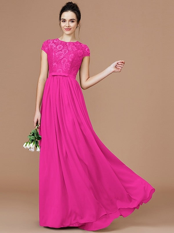 A-Line/Princess Jewel Short Sleeves Lace Floor-Length Chiffon Bridesmaid Dresses DFP0005264