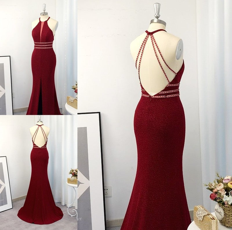 Sheath/Column Halter Sleeveless Sweep/Brush Train Beading Dresses DFP0004660