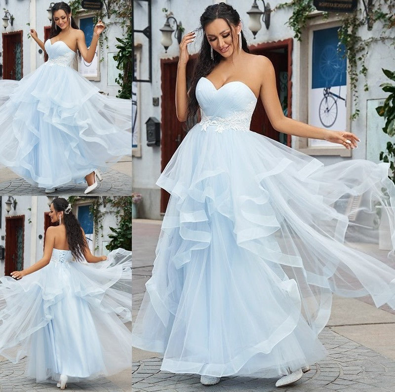 A-Line/Princess Tulle Applique Sweetheart Sleeveless Floor-Length Dresses DFP0001558