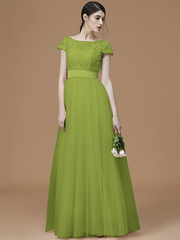 A-Line/Princess Bateau Short Sleeves Floor-Length Sash/Ribbon/Belt Tulle Bridesmaid Dresses DFP0005494