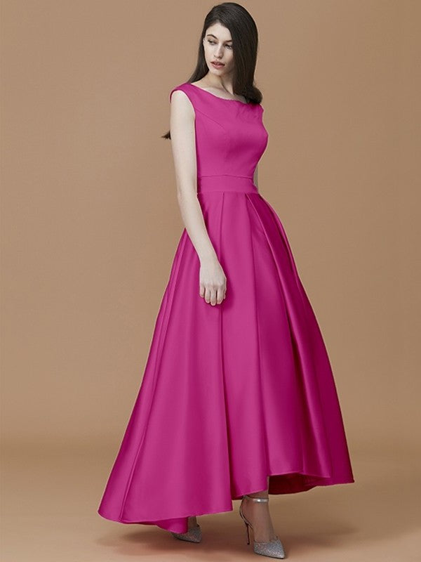 A-Line/Princess Bateau Sleeveless Asymmetrical Ruffles Satin Bridesmaid Dresses DFP0005281