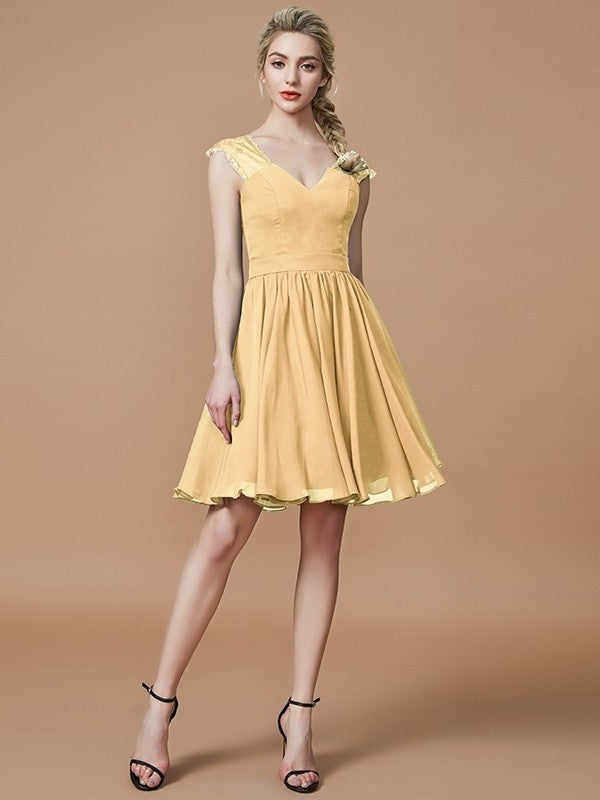 A-Line/Princess V-neck Chiffon Knee-Length Bridesmaid Dresses DFP0005411