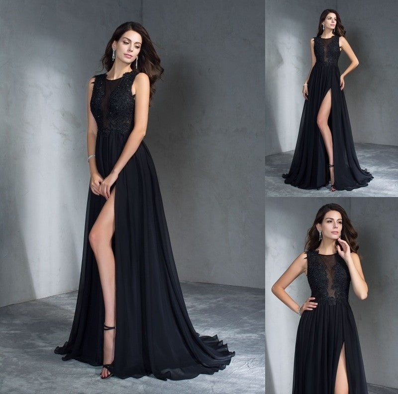 A-Line/Princess Scoop Applique Sleeveless Long Chiffon Dresses DFP0002435