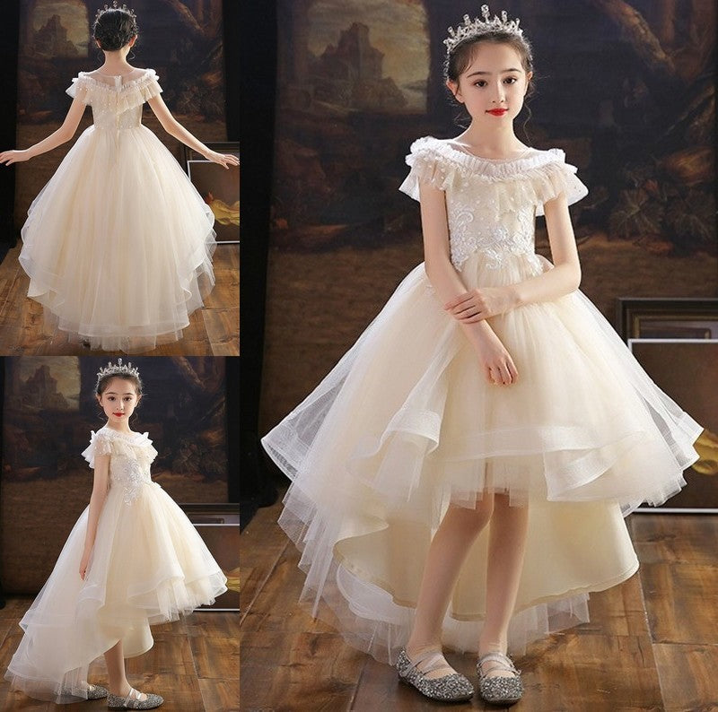 A-Line/Princess Tulle Applique Off-the-Shoulder Short Sleeves Asymmetrical Flower Girl Dresses DFP0007511