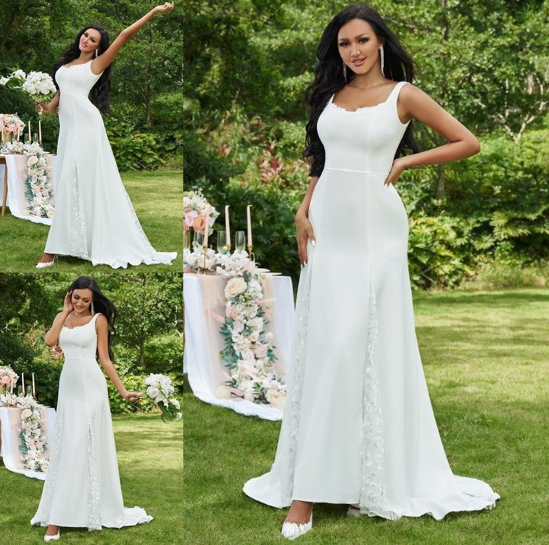 A-Line/Princess Lace Ruffles Straps Sleeveless Sweep/Brush Train Wedding Dresses DFP0006536