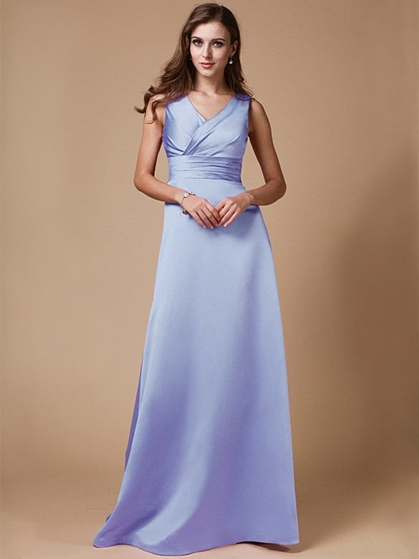 A-Line/Princess V-neck Long Sleeveless Elastic Woven Satin Bridesmaid Dresses DFP0005409