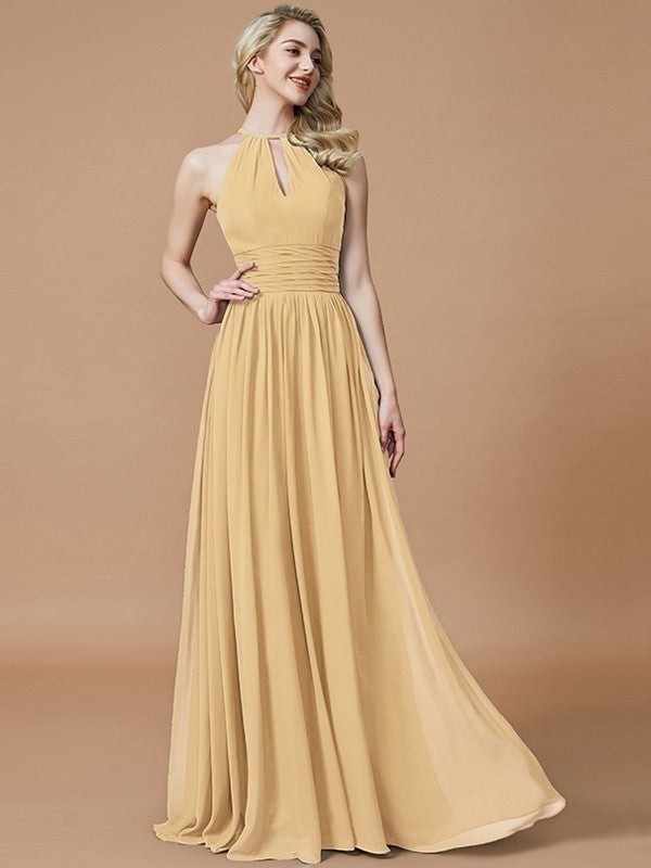 A-Line/Princess Chiffon Scoop Sleeveless Floor-Length Bridesmaid Dresses DFP0005219