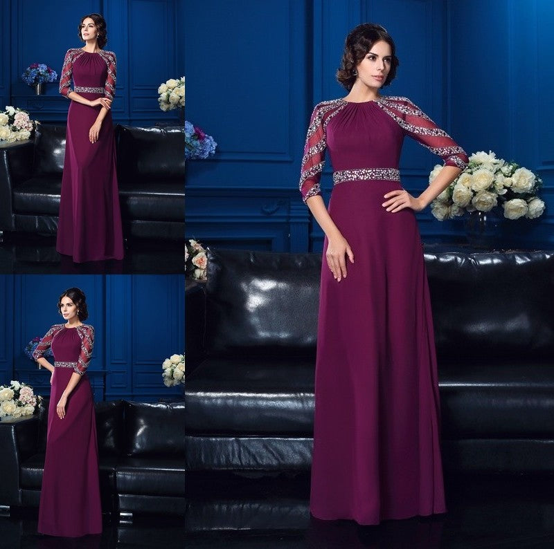 A-Line/Princess Scoop Beading 3/4 Sleeves Long Chiffon Mother of the Bride Dresses DFP0007189