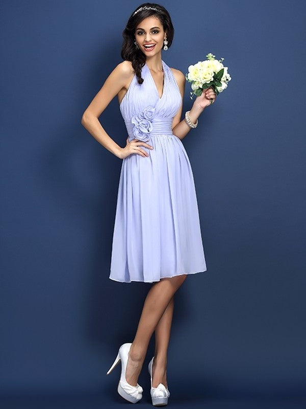 A-Line/Princess Halter Hand-Made Flower Sleeveless Short Chiffon Bridesmaid Dresses DFP0005668