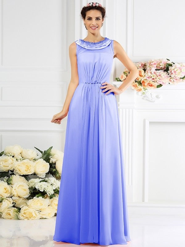 A-Line/Princess Bateau Beading Sleeveless Long Chiffon Bridesmaid Dresses DFP0005545