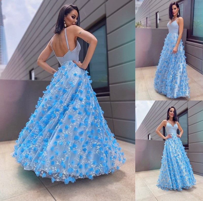 A-Line/Princess V-neck Tulle Applique Floor-Length Sleeveless Dresses DFP0001529