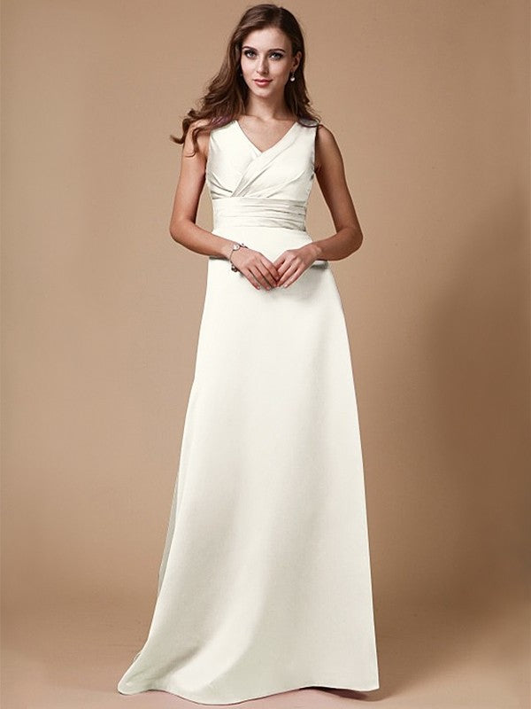 A-Line/Princess V-neck Long Sleeveless Elastic Woven Satin Bridesmaid Dresses DFP0005409