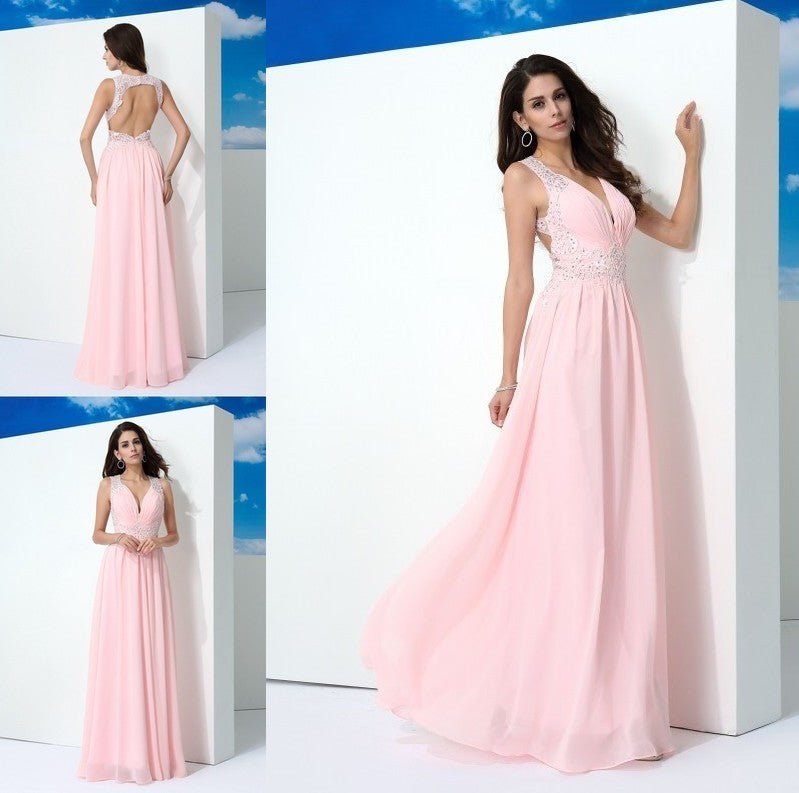 A-Line/Princess Straps Beading Sleeveless Long Chiffon Dresses DFP0002549