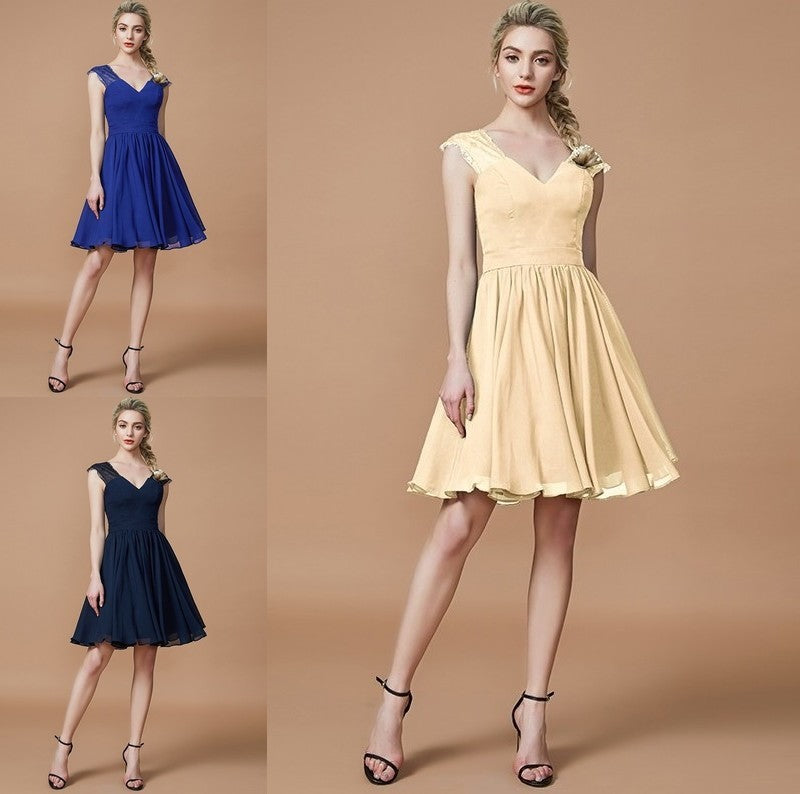 A-Line/Princess V-neck Chiffon Knee-Length Bridesmaid Dresses DFP0005411