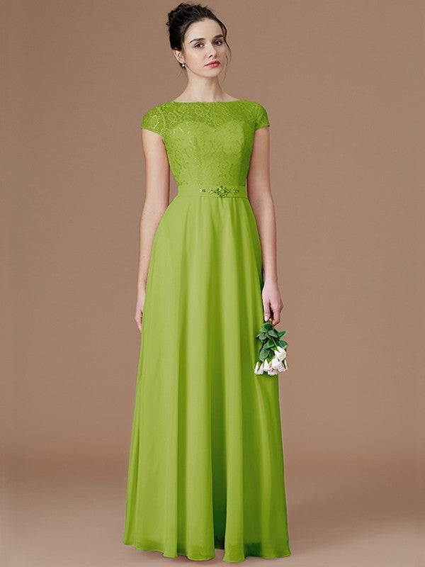 A-Line/Princess Bateau Sleeveless Lace Floor-Length Chiffon Bridesmaid Dresses DFP0005198