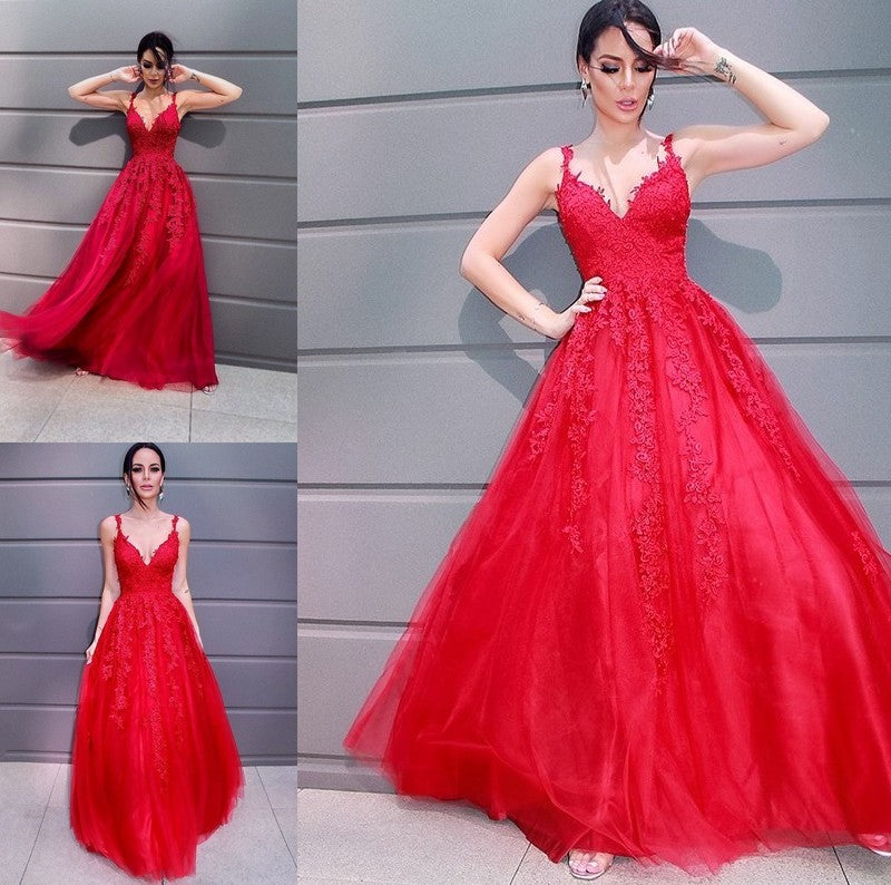 A-Line/Princess Tulle V-neck Floor-Length Applique Sleeveless Dresses DFP0001456