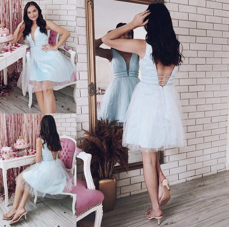 A-Line/Princess V-neck Beading Tulle Sleeveless Short/Mini Homecoming Dresses DFP0004776