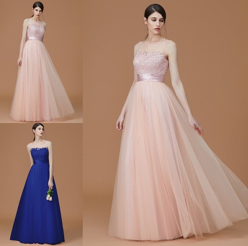 A-Line/Princess Bateau Sleeveless Floor-Length Applique Tulle Bridesmaid Dresses DFP0005365