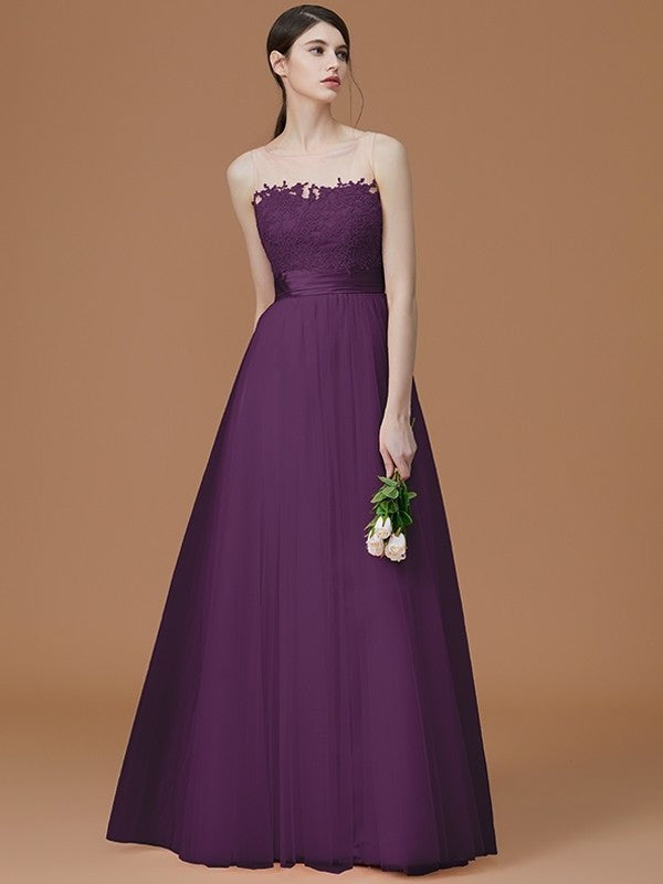 A-Line/Princess Bateau Sleeveless Floor-Length Applique Tulle Bridesmaid Dresses DFP0005365