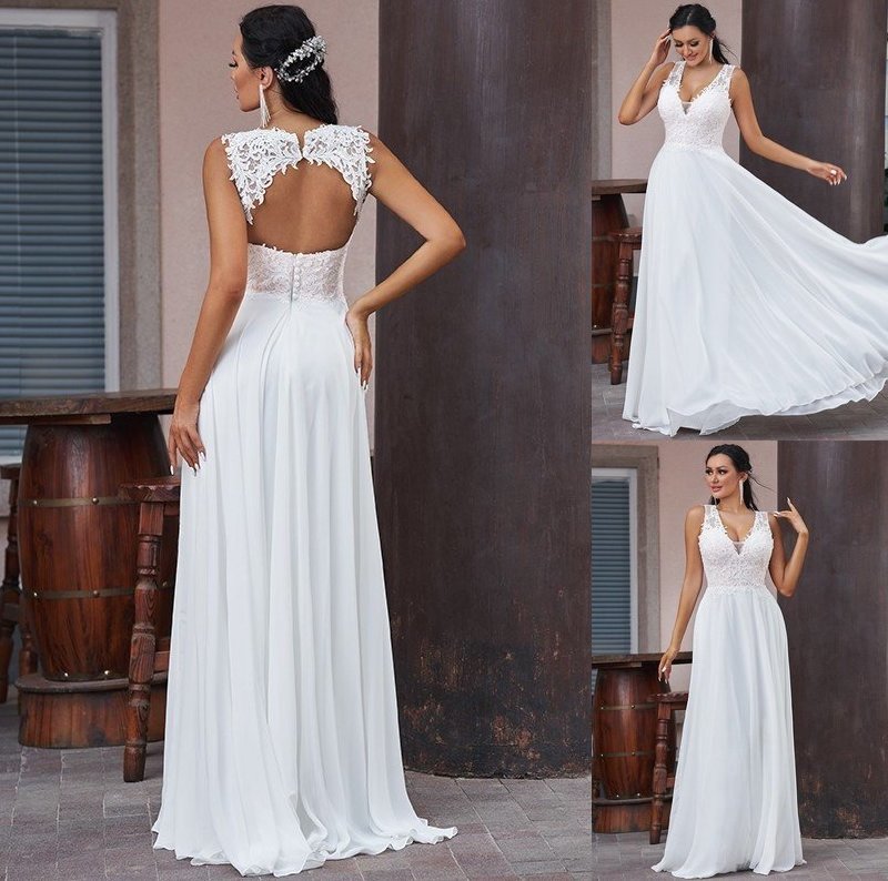 A-Line/Princess Chiffon Lace V-neck Sleeveless Sweep/Brush Train Wedding Dresses DFP0005903