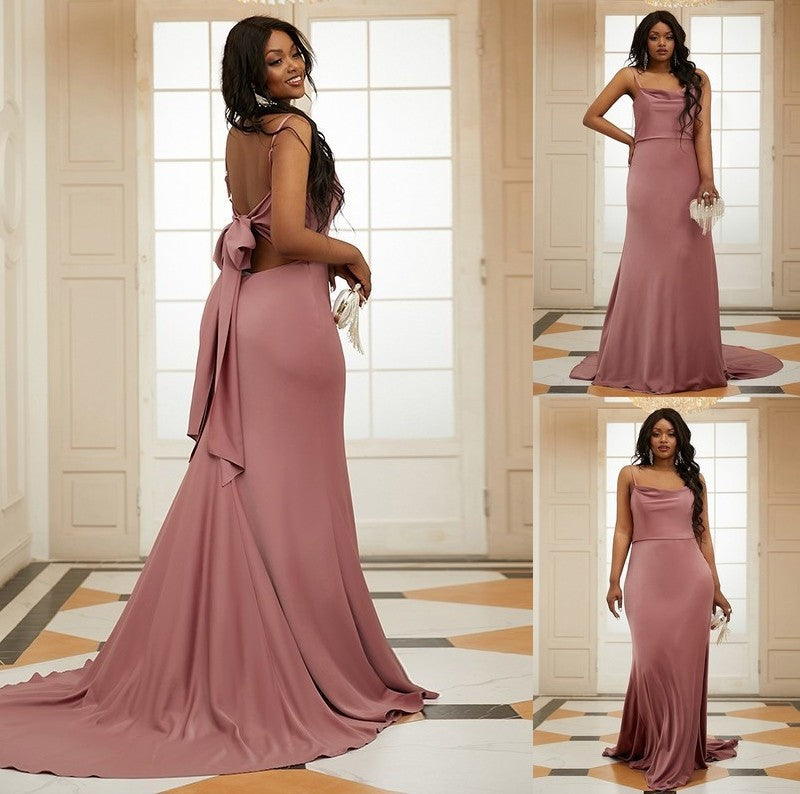 Sheath/Column Satin Ruched Spaghetti Straps Sleeveless Sweep/Brush Train Dresses DFP0001618