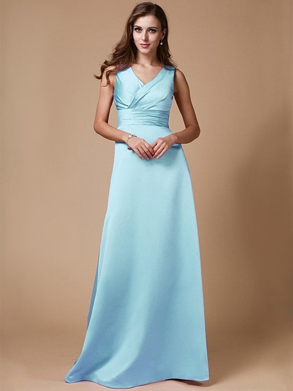 A-Line/Princess V-neck Long Sleeveless Elastic Woven Satin Bridesmaid Dresses DFP0005409