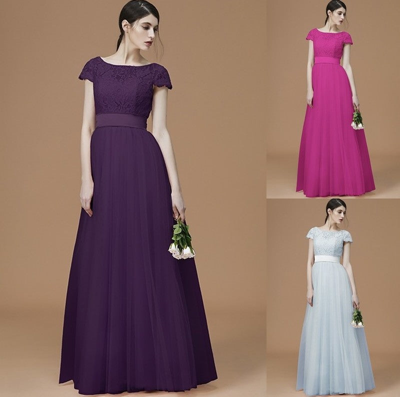 A-Line/Princess Bateau Short Sleeves Floor-Length Sash/Ribbon/Belt Tulle Bridesmaid Dresses DFP0005494